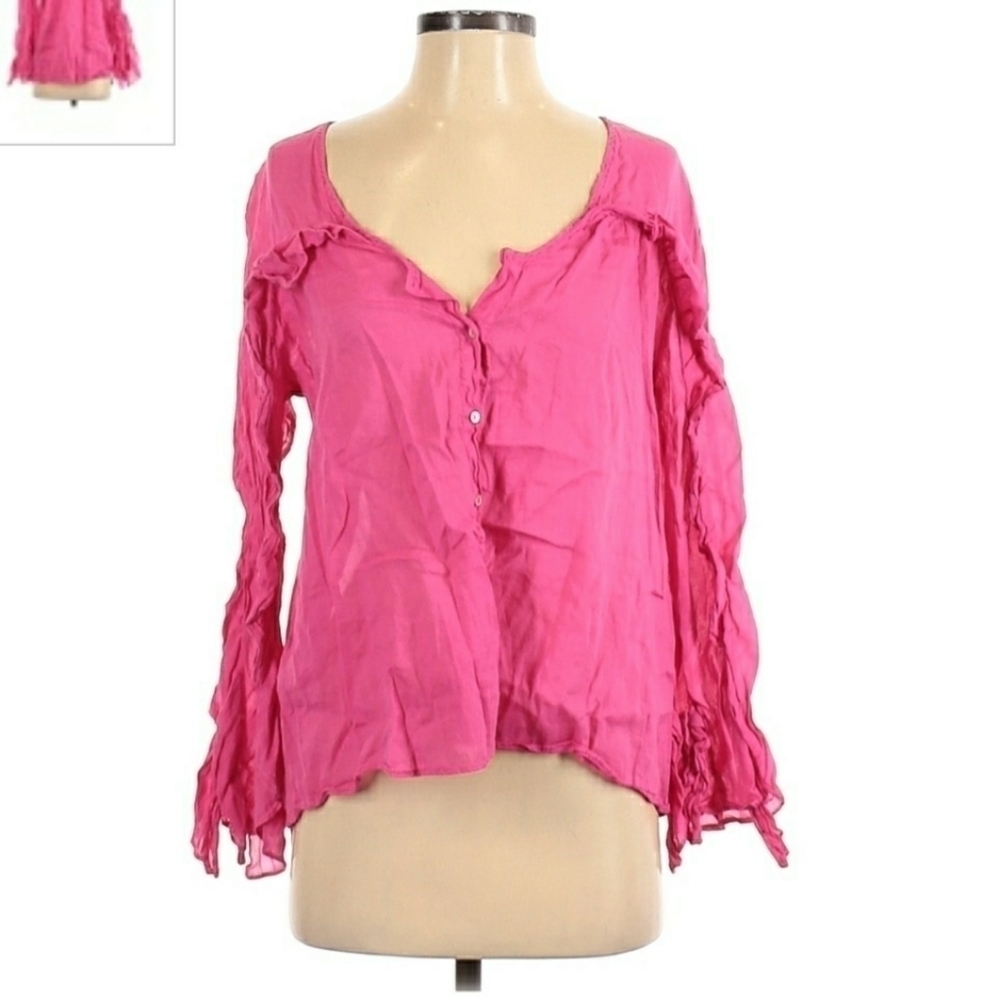 Zara Basic Collection Pink Button Up Long Sleeve Ruffle Blouse Women's Small S